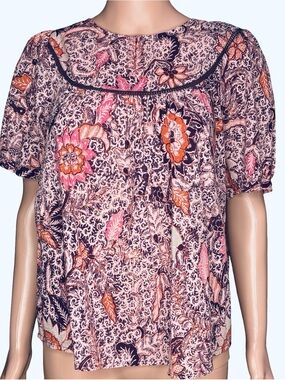 Madewell Pink Floral Puff-Sleeve Blouse with Burgundy Trim Medium
